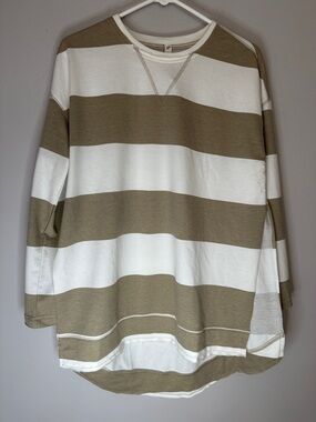 Wide-Stripe Crewneck Sweater in White & Beige